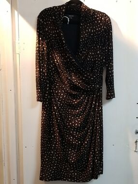 Nine West Black and Brown Animal-Print Faux Wrap Midi Dress